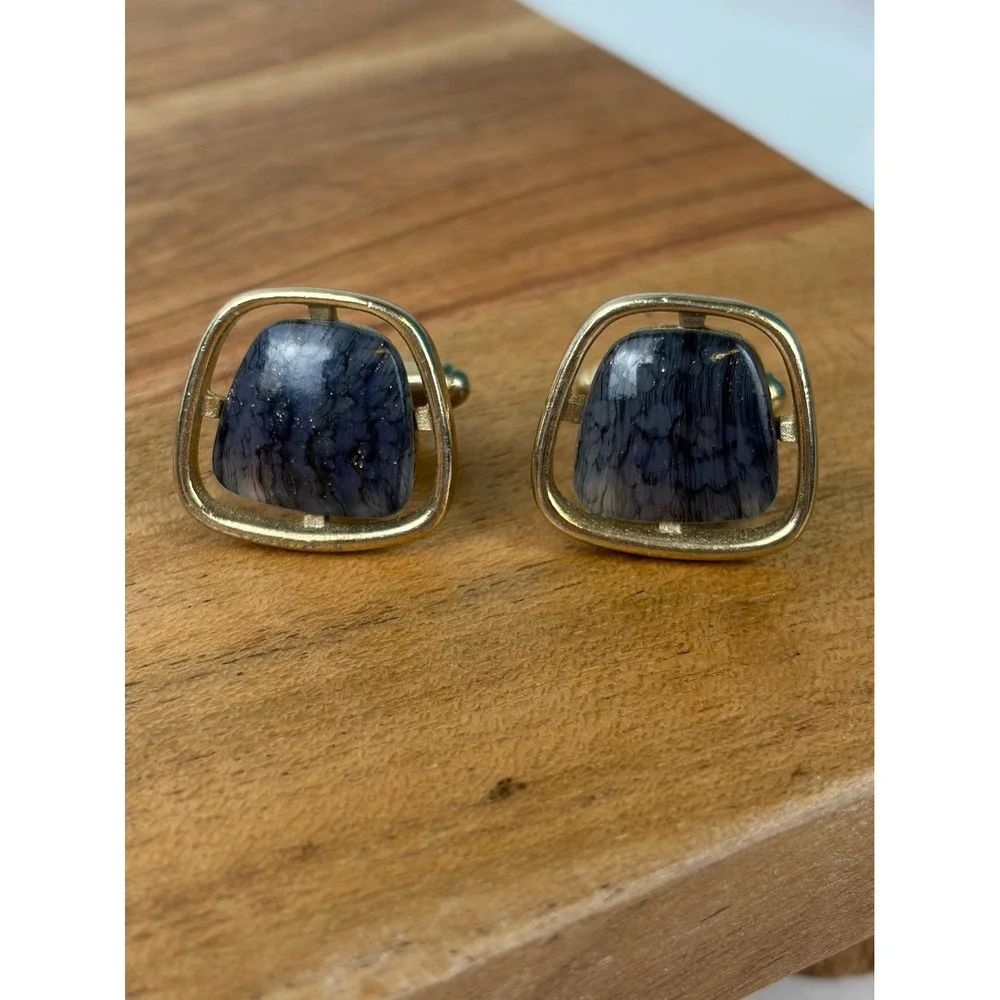 Hickok Cufflinks Blue Gray Gold Vintage MCM Marbled Stone Old Money Toggle